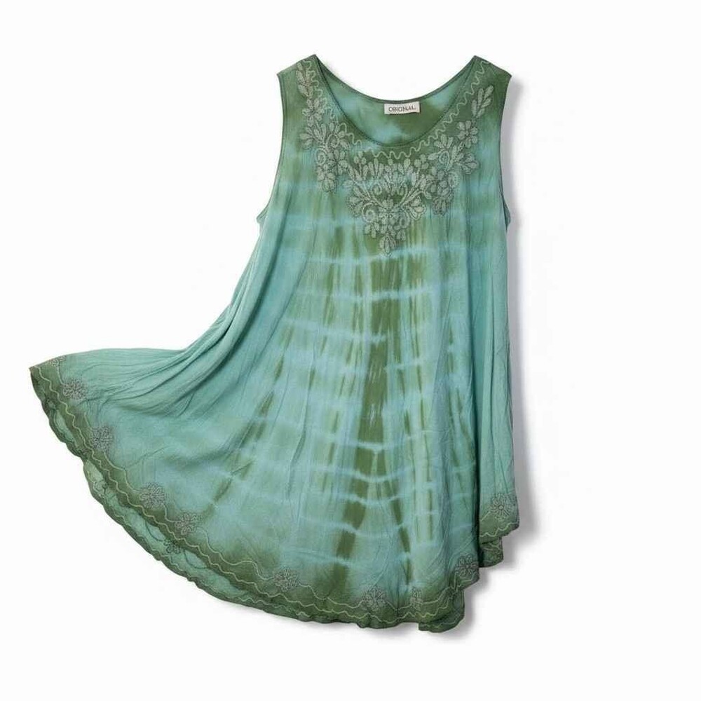 Original Green Tie-Dye Embroidered Tunic Indian Dress One Size